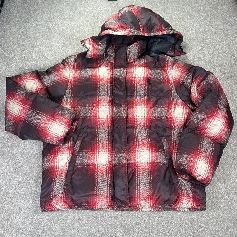 Polo Ralph Lauren Men's Large Plaid Puffer Jacket Down‎ Hooded Red Black White